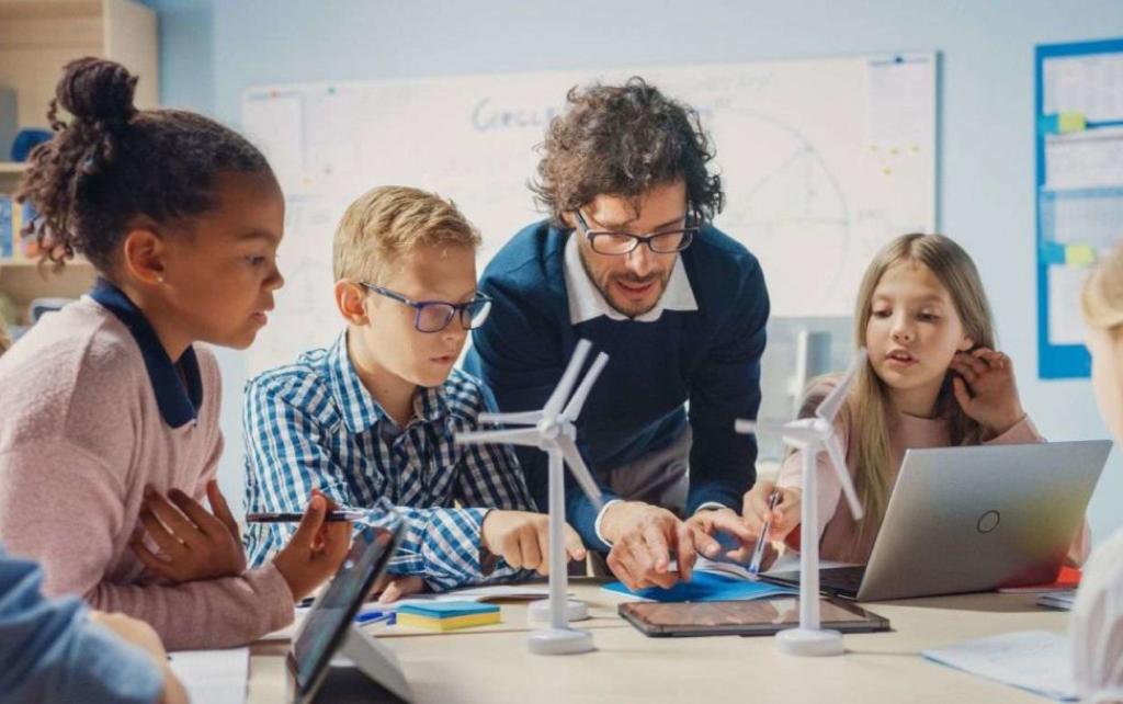 Teacher and a group of students around a table